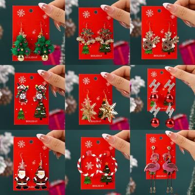 Christmas Dangle Earrings for Women Cartoon Rhinestone Alloy Pendant Earrings Cute Holiday Jewelry Set
