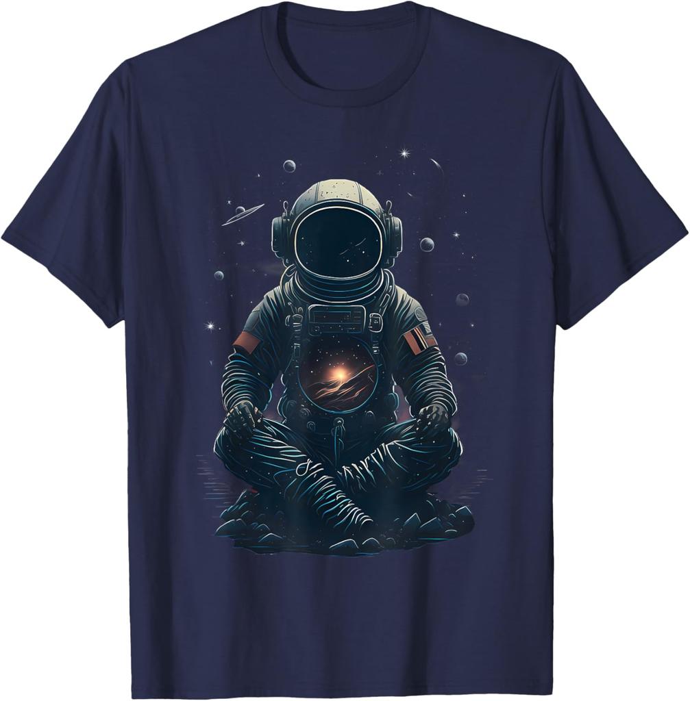 Meditating Astronaut Galaxy Print Casual Cotton Short Sleeve Graphic Tee for Men