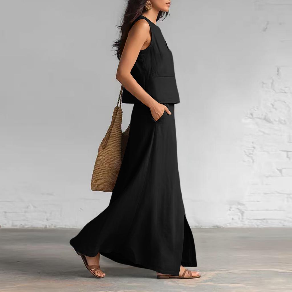 Women's Fashion Color Sleeveless Cotton Linen V-neck Sleeveless Top, Casual Pocket Skirt Two-piece Set