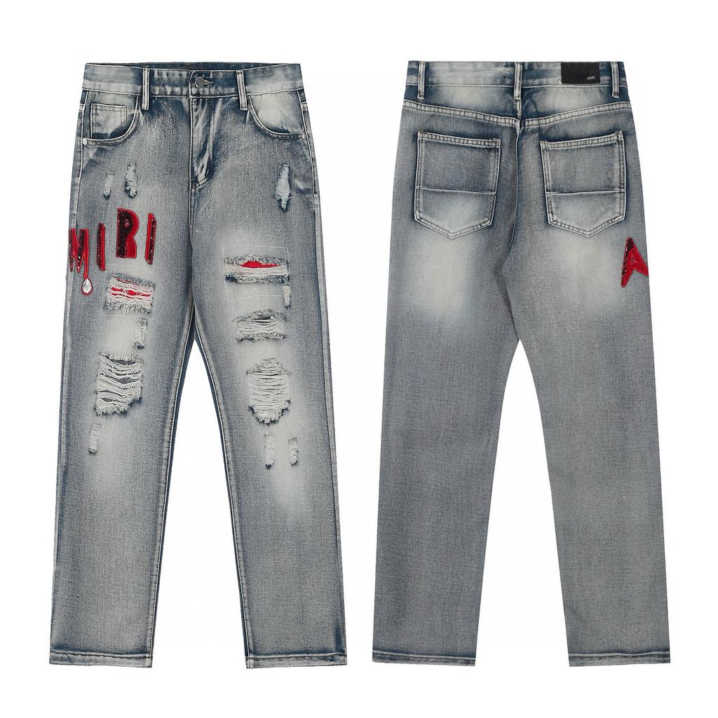 Amiri Trendy American Style Internet Famous Jeans with Fabric Patches, Torn Holes, Embroidery, Casual Trendy High Street Pants