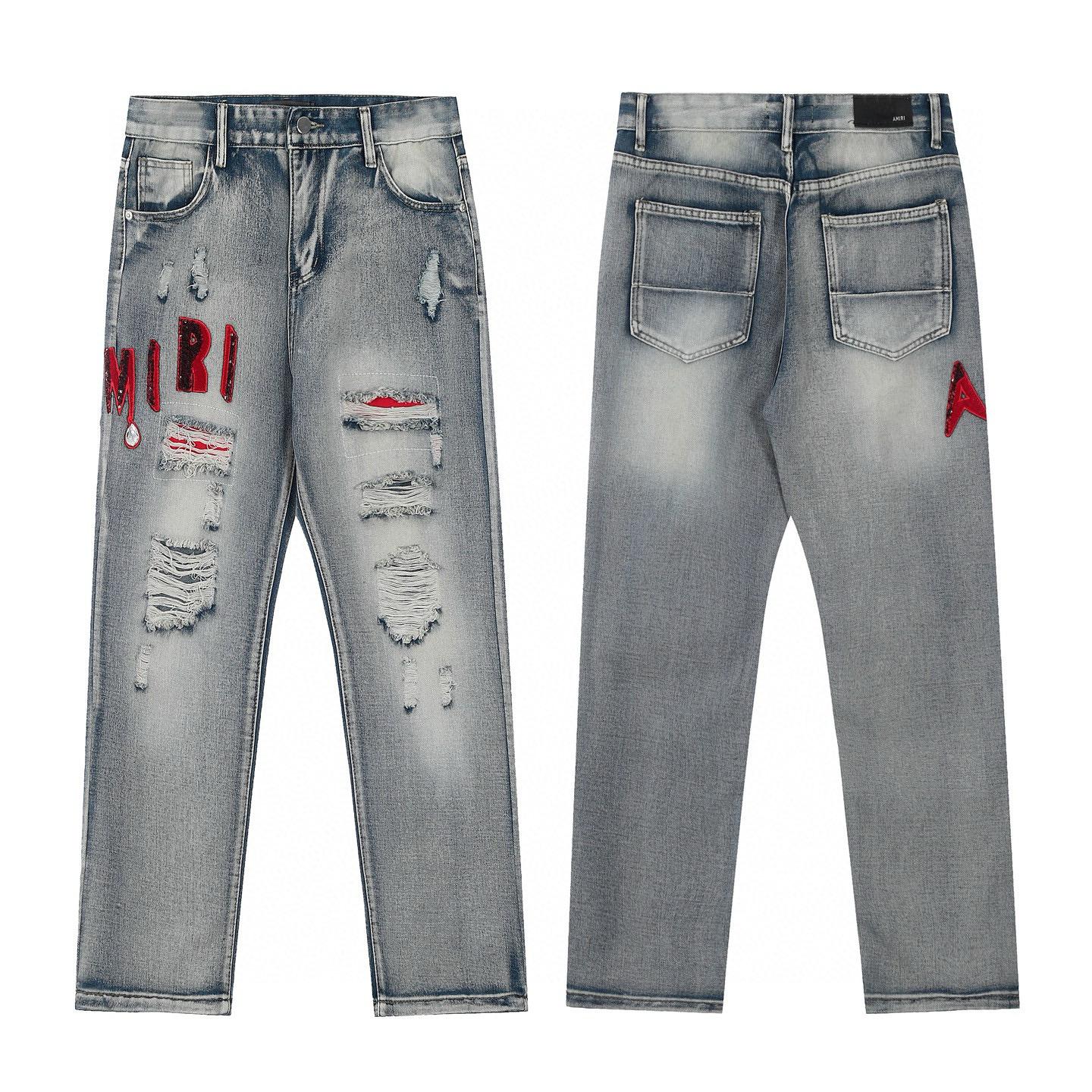 

Amiri Trendy American Style Internet Famous Jeans with Fabric Patches, Torn Holes, Embroidery, Casual Trendy High Street Pants 32