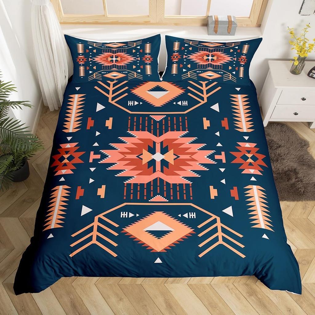 Geometric Aztec Duvet Cover Twin Queen Size,Horseshoe Cactus Western Cowboy Bedding Set,Southwest Rustic Farmhouse Quilt Cover