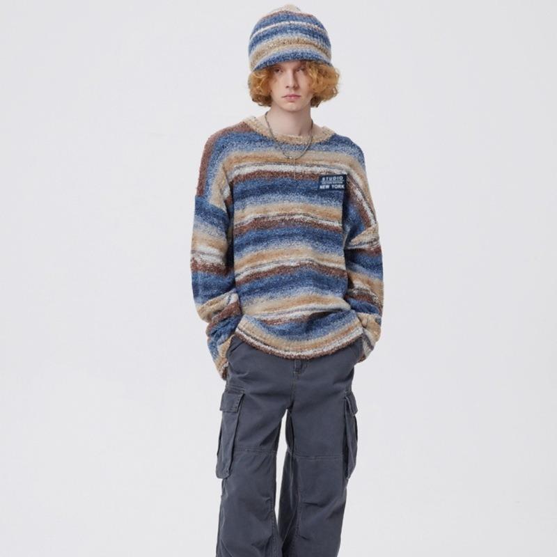 Autumn new couple's colorful striped crew neck sweater men's loose and lazy style pullover crew neck knitted sweater