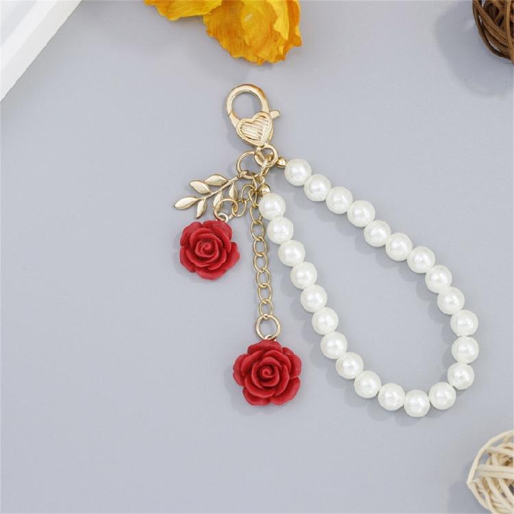 Trendige Perlenkette und Rosen-Schlüsselanhänger mit Legierungsverschluss Rostfreier Schlüsselanhänger Harzblume Schlüsselring Eleganter Taschenanhänger
