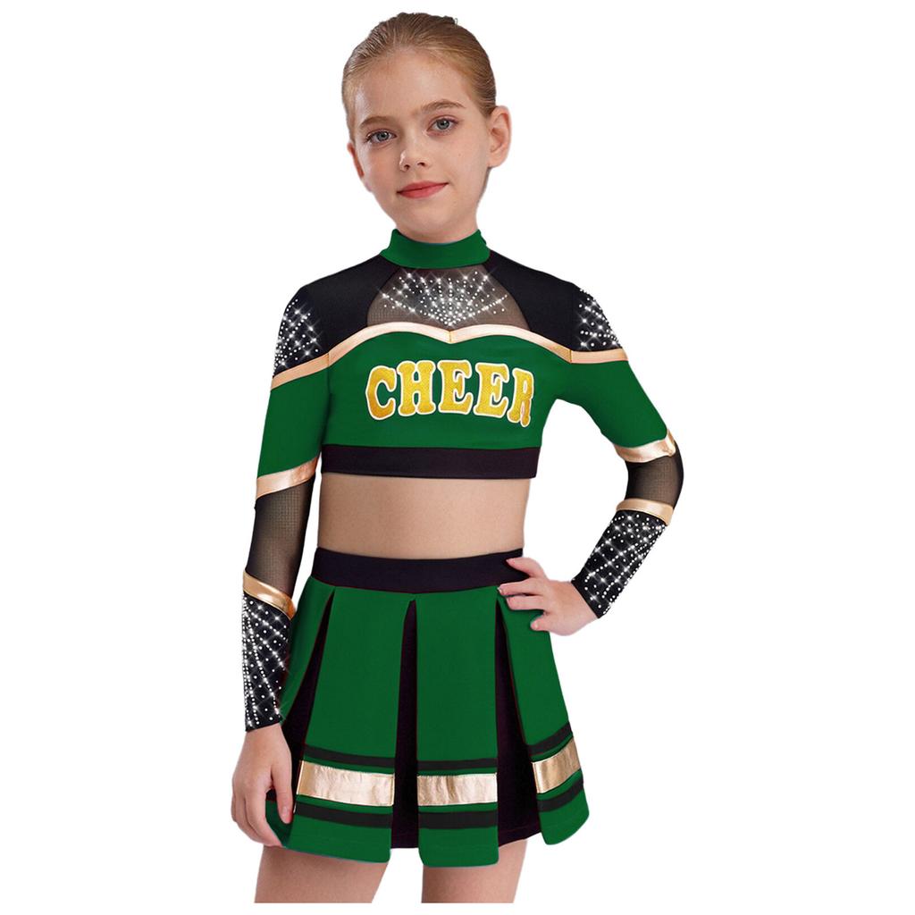 Bambina Ragazza Costume da Cheerleader 2 Pezzi Costume da Esibizione Manica Lunga Patchwork in Rete Trasparente Strass Color Block Crop Top con Gonna Pieghettata