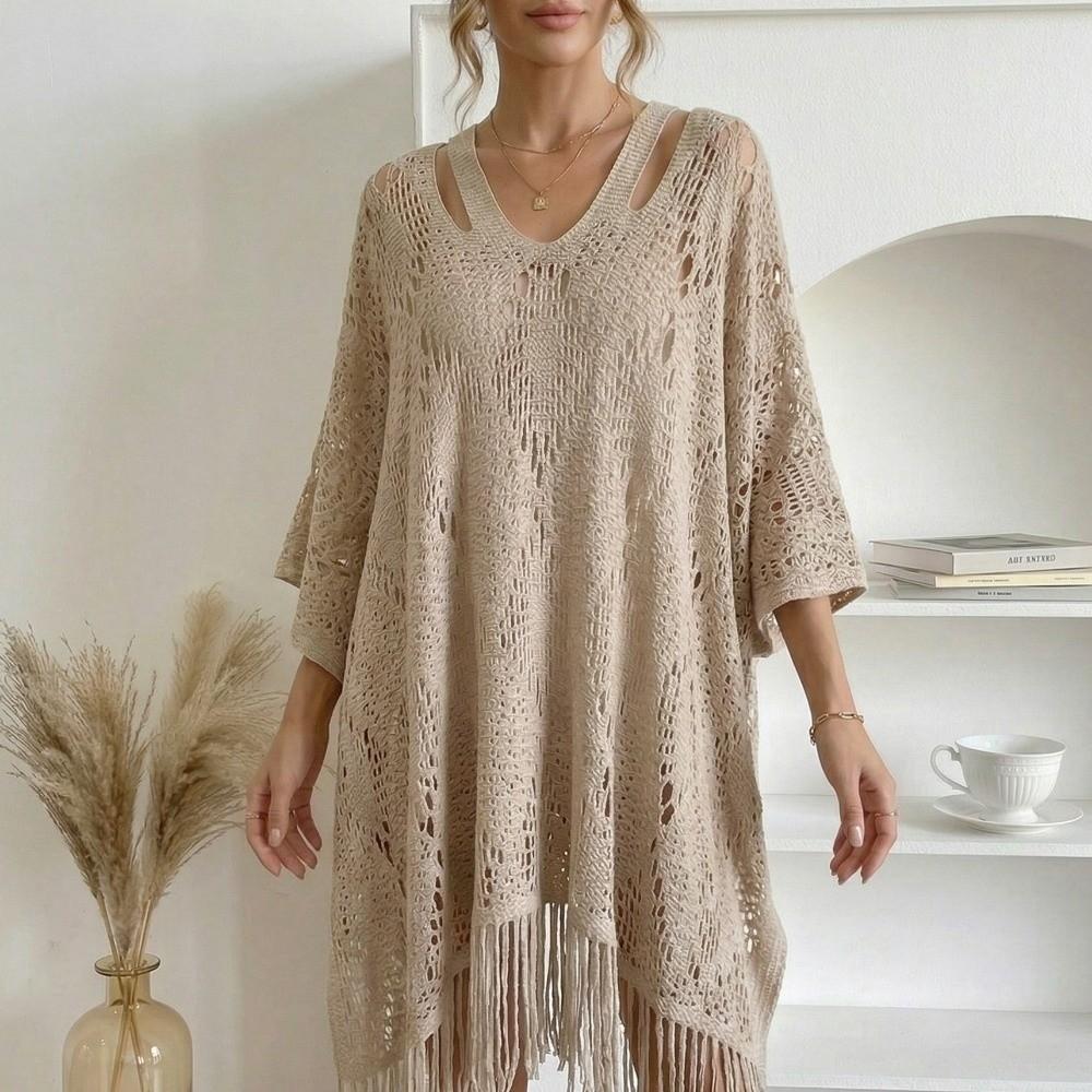 Sun Protection Knit Hollow Out Top Plus Size Summer Beach Cloak Bohemian Shawl  Streetwear