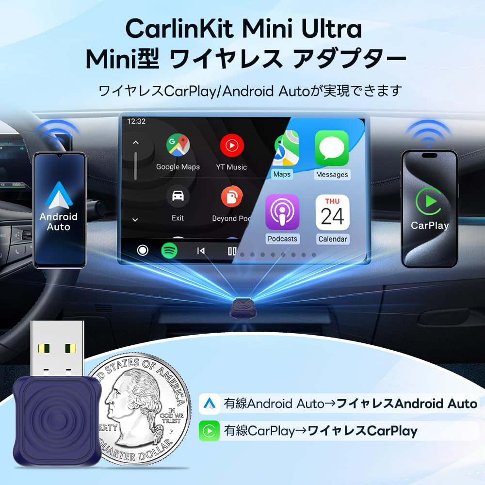 CarlinKit Mini Ultra Wireless CarPlay/Android Auto Adapter, Mini Type, Touchless Connection, OTA Online Upgrade,