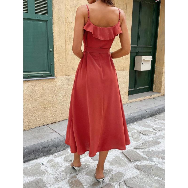 European summer new solid color elegant ruffle edge strap split suspender medium and long dress women