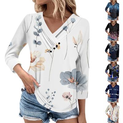 Damen-T-Shirt mit 3/4-Ärmeln, für den Alltag und das Wochenende, V-Ausschnitt, lässig, bedruckt, lockere Passform, plissierte T-Shirts, Damenbluse