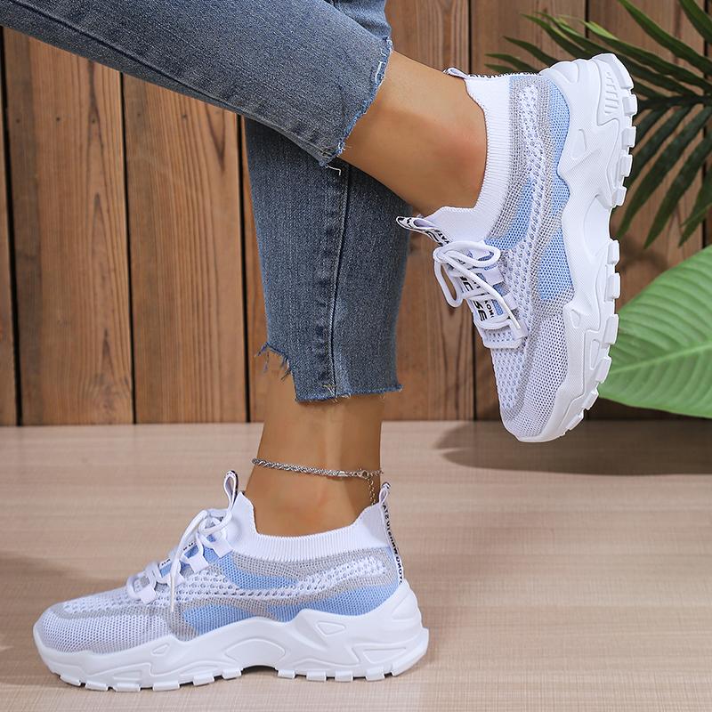 Tênis Tricotados Femininos da Moda Mistura de Cores Malha Respirável Plataforma Sapatos de Corrida Mulher Leve Antiderrapante Casual Sapatos Esportivos