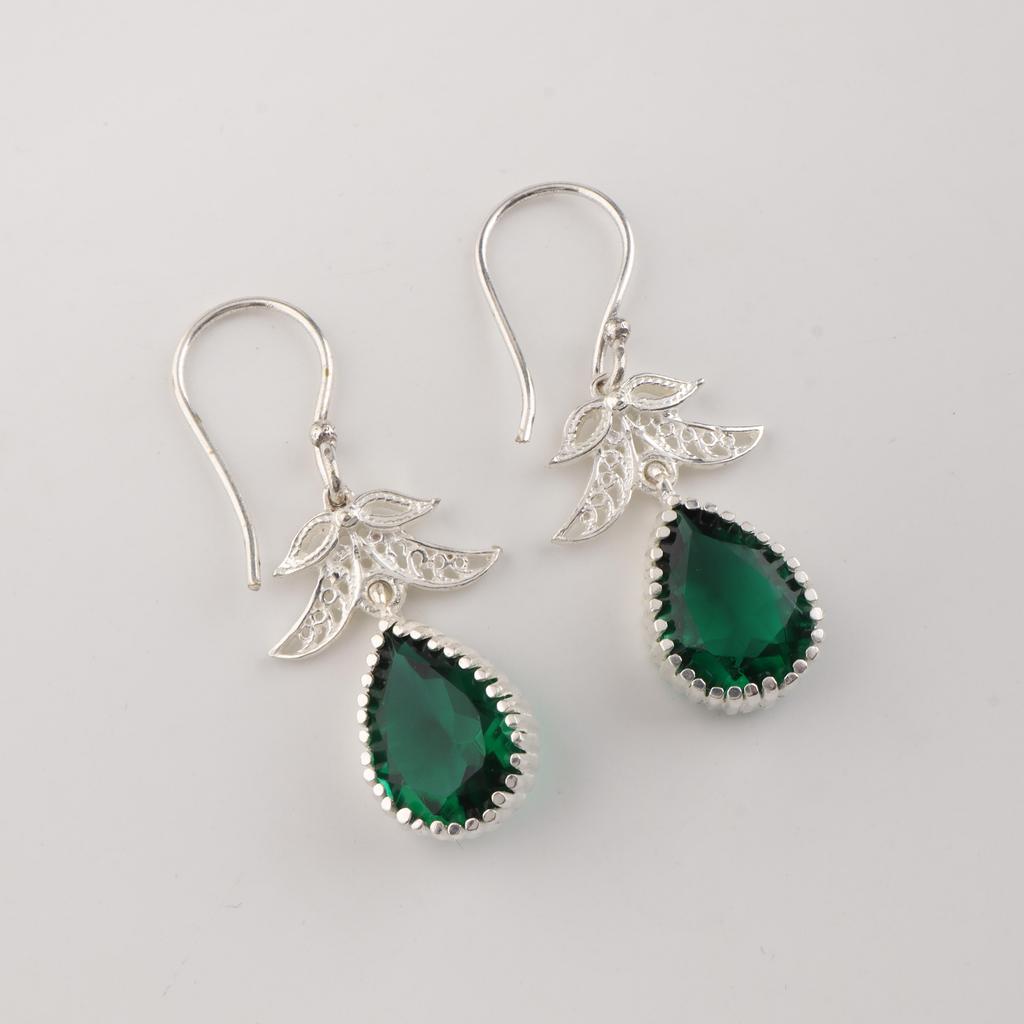Bijoux Boucles d'Oreilles Crochets Faits Main en Argent Sterling 925 Pierre Précieuse Émeraude Verte 1.84" CE-27-12