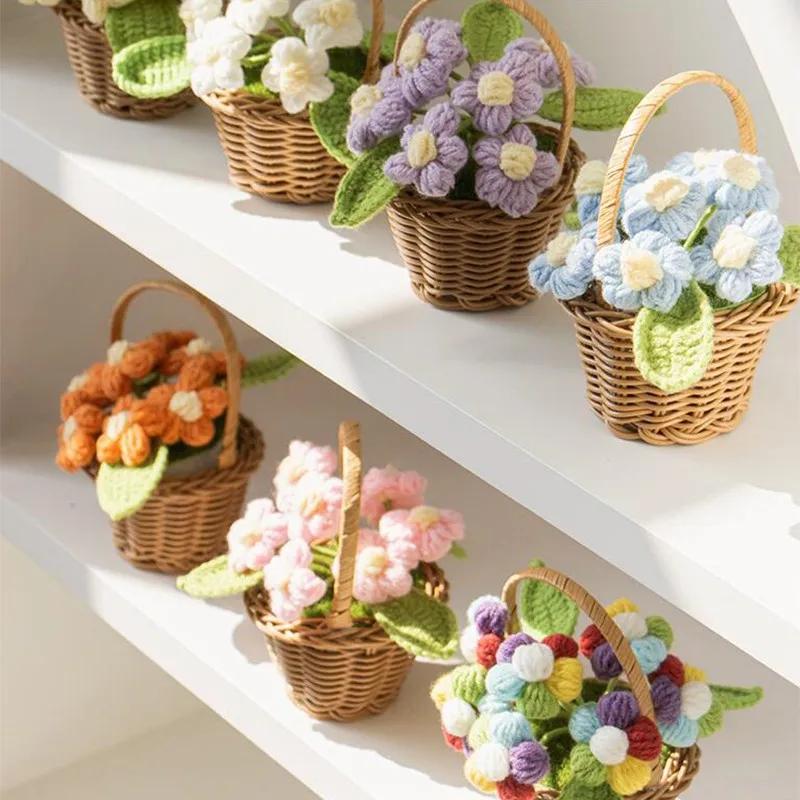 1PC Hand-knitted Sunflowers Decoration Crochet Flower Woven Potted Table Home Decor Ornament For Friends Gifts Wedding