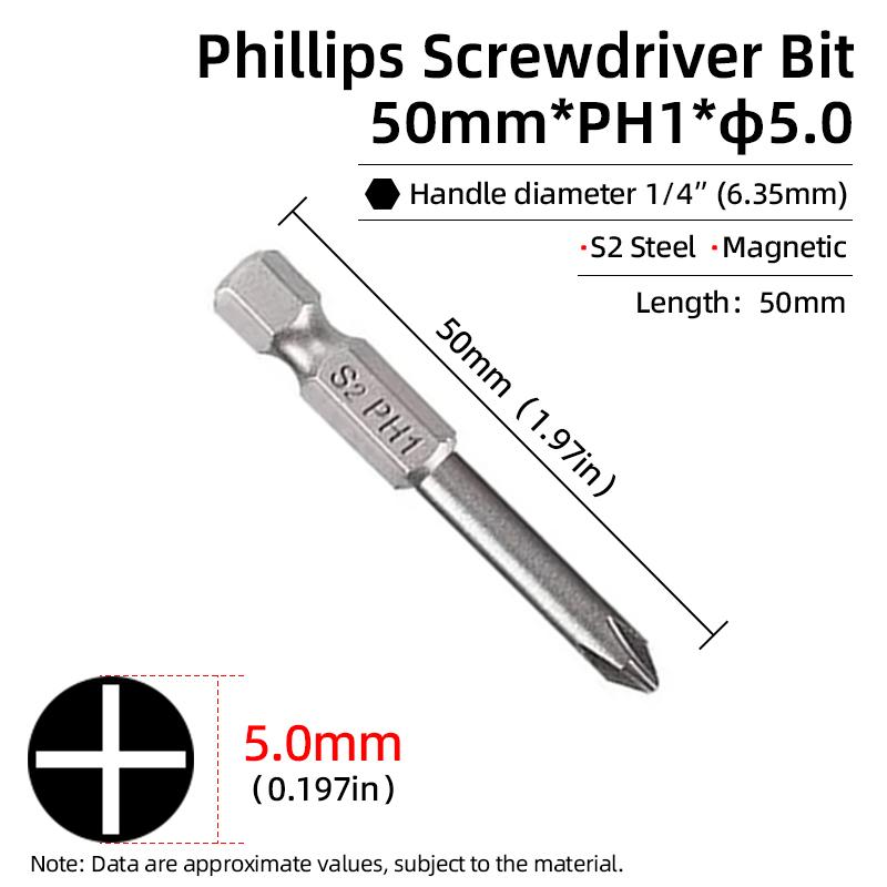 50mm Phillips Screwdriver Bit PH00/PH0/PH1/PH2 1/4” Hex Shank Magnetic S2 Steel Cross Head Screw Driver Bits Hand Power Tools