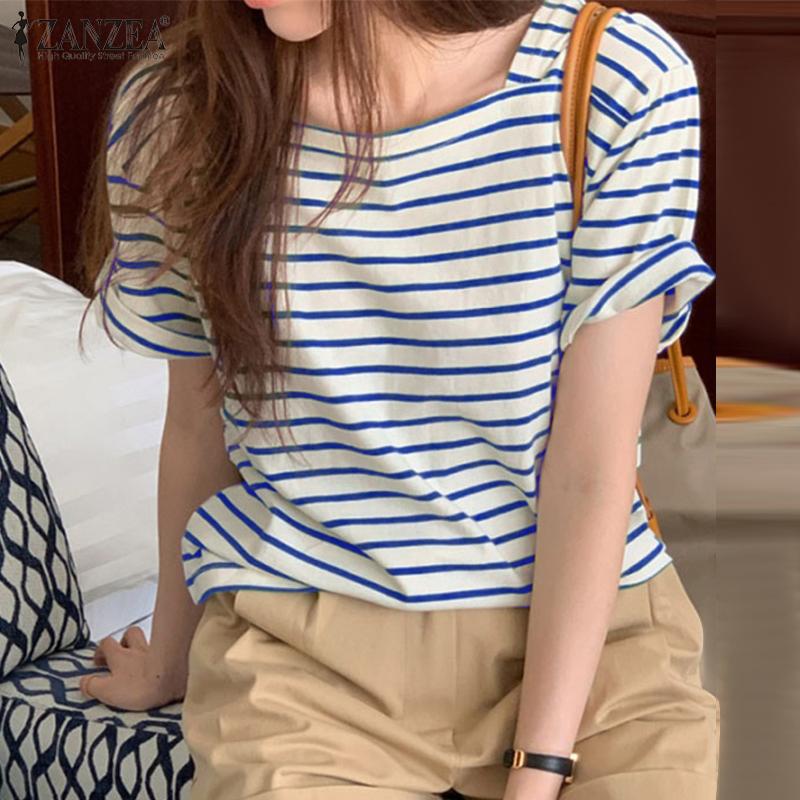 

ZANZEA Женская летняя повседневная свободная блузка в полоску с квадратным вырезом и короткими рукавами