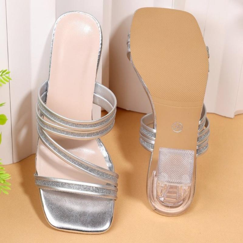 Ladies Shoes 2026 Open Toe Women's Slippers Plus Size Dress Slippers Women Crystal Square Toe High Chunky Heels Modern Sandals