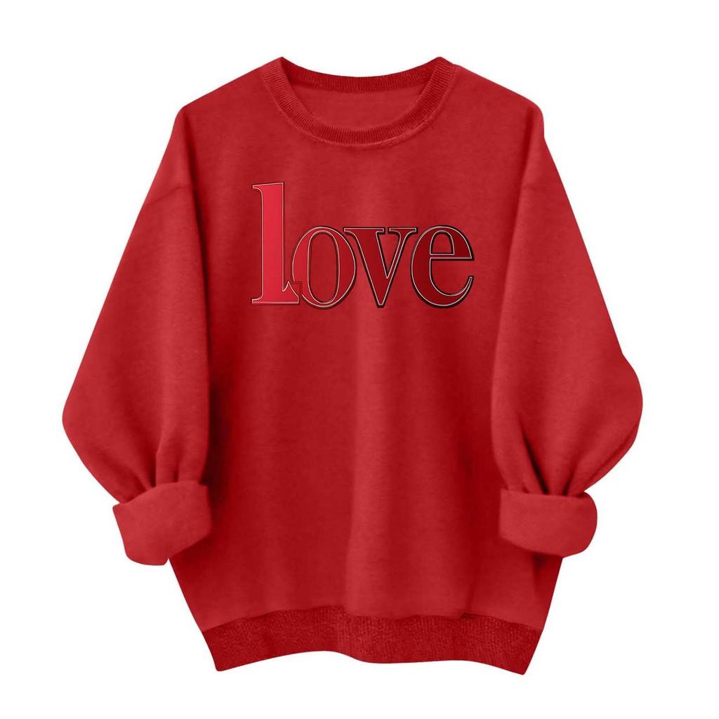 Damen Lässiges und Modisches Rundhals-Top mit Valentinsdruck Kapuzen-T-Shirt Langarm-Sweatshirt