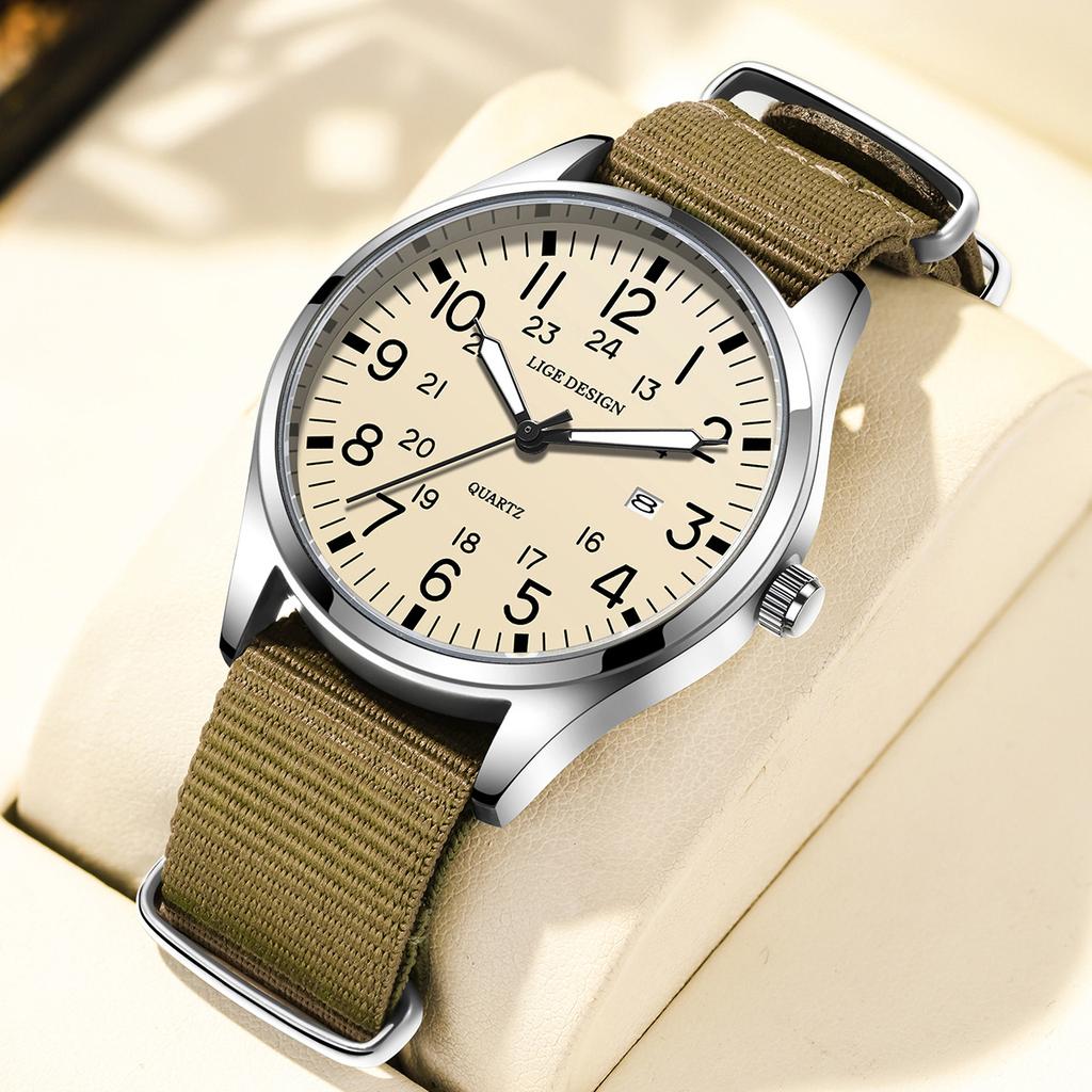 LIGE Top Brand Luxury Men Quartz Watch Nylon Leather Waterproof Luminous Date Sports Military Watches For Men Relogios Masculino