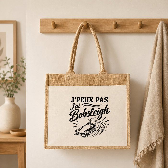 Sac cabas - PLANETEE - J’peux pas j’ai Bobsleigh (minimaliste) - toile jute & coton - 21 L (43×33×21 cm) - anses 65 cm