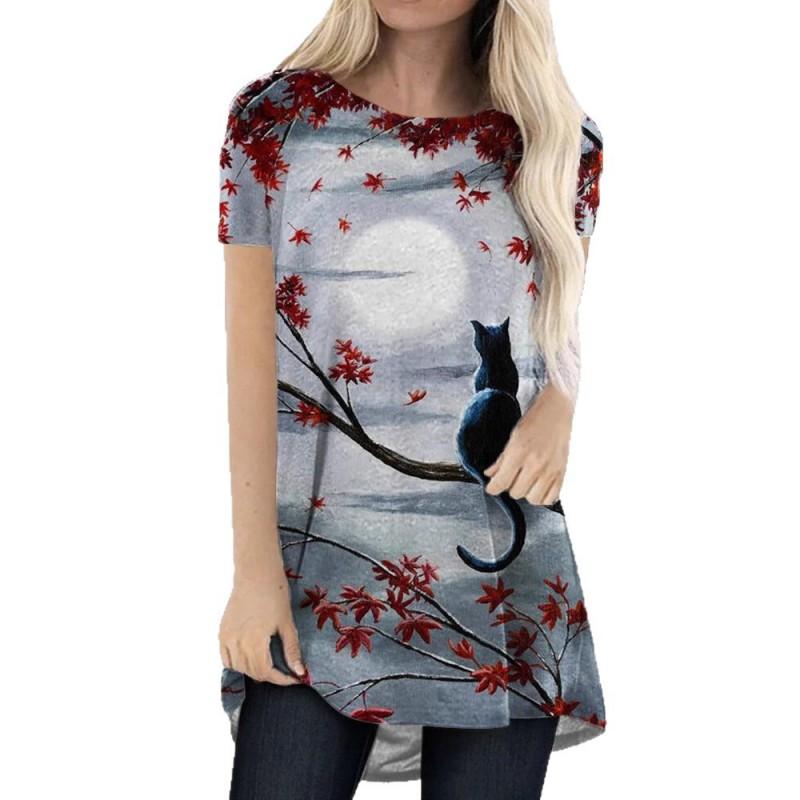 Womens Casual Short Sleeve T-Shirt With Starry Sky Digital Print Loose Fit Long Length Top 2025