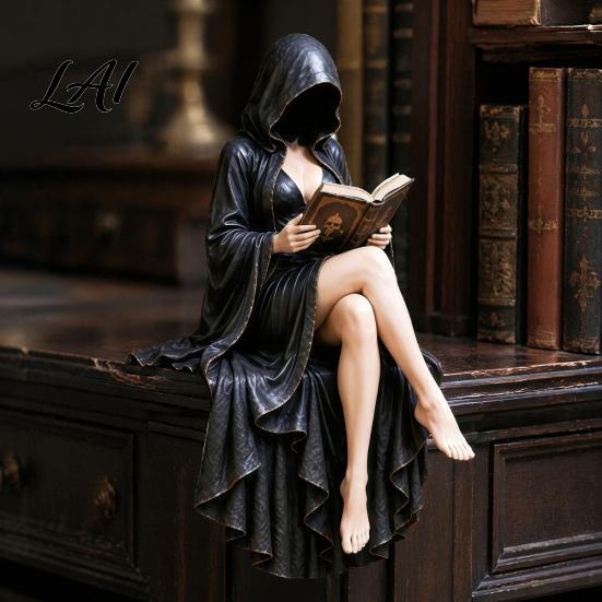 Hooded Skeleton Book Ornament Gothic Reader Statue Resin Figurine Sitting Statue Fantasy Character Holder for Bookshelf Desk Decor Home Library
