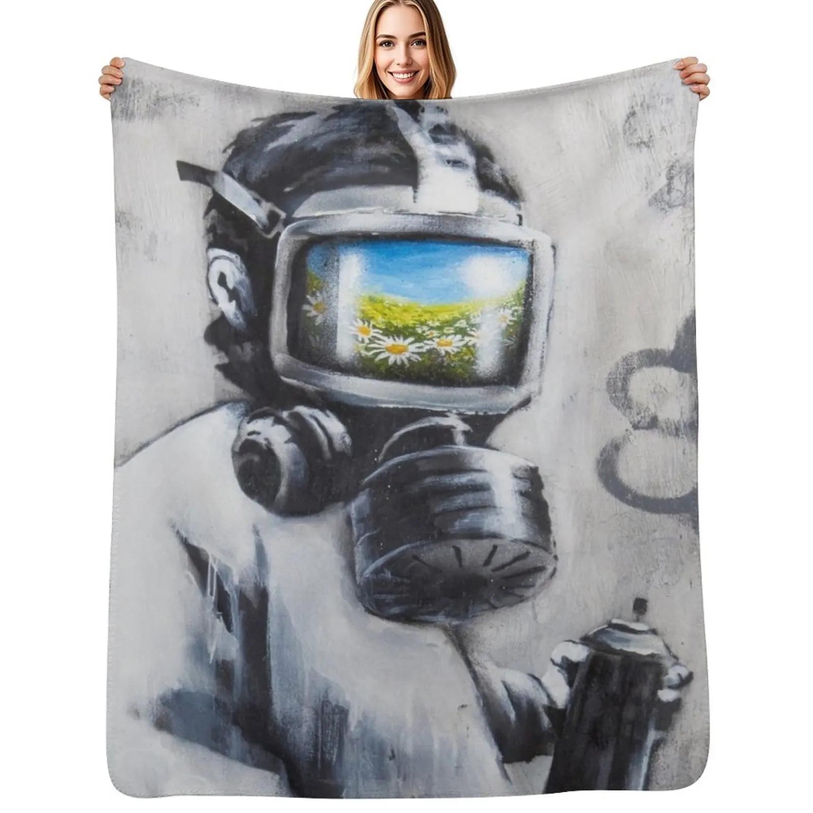 Banksy Gas Mask Boy Art Throw Blanket Luxurious Soft Fuzzy Blanket for Sofa Bed Size: 75*100cm, Weight: 230 GSM