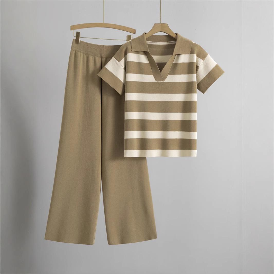 

Women s Summer V-Neck Striped Knit Top & Wide-Leg Pants Set One Size