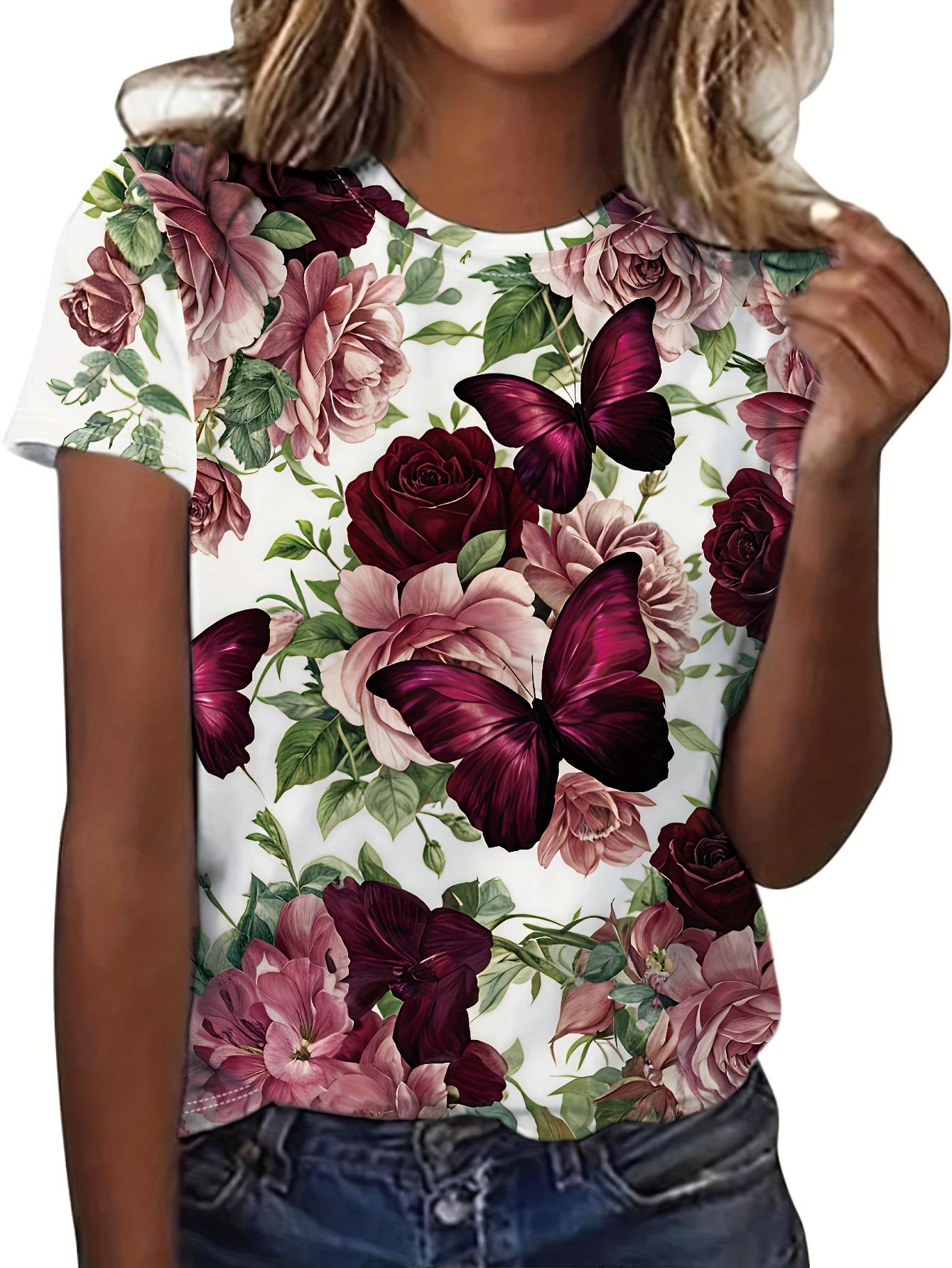 Women S Round Neck Short Sleeve T-Shirt SpringSummer Vintage Rose Butterfly Short Sleeve T-Shirt White Base Full Print Vibrant Rose And Purple Butterf S дубильная кора