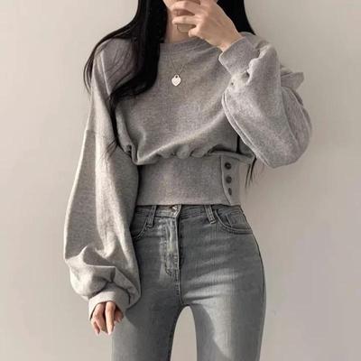 Damen einfarbiger Langarm-Rundhals-Pullover - Plus Samt, lockere Passform, Herbststil