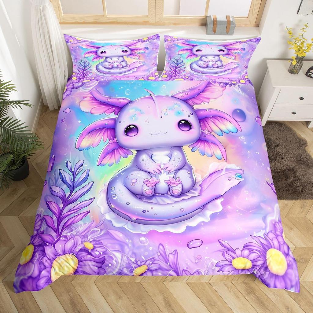 Cartoon Axolotl Duvet Cover Queen Twin Size Salamander Bedding Set for Kids Boys Girls Kawaii Sealife Creature Comforter Cover