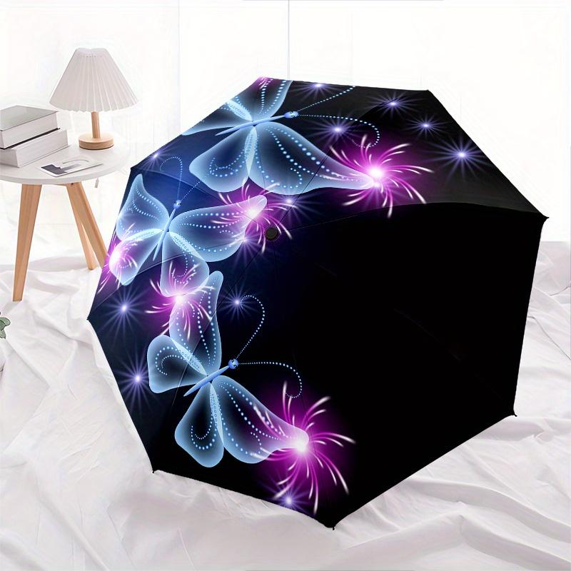 Glowing Butterfly Umbrella - Magical Fairy Garden Theme, Portable 3-Fold Compact Design, Automatic Open, Durable Plastic & Iro