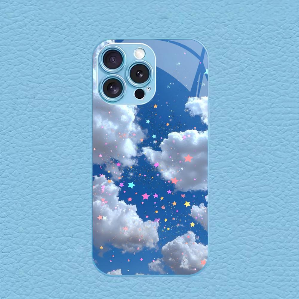 Kawaii Cloud & Colorful Star Sky for iphone 17 case for coque iphone Case fundas Glass for iPhone 17 16 15 14 13 12 pm Pro Plus