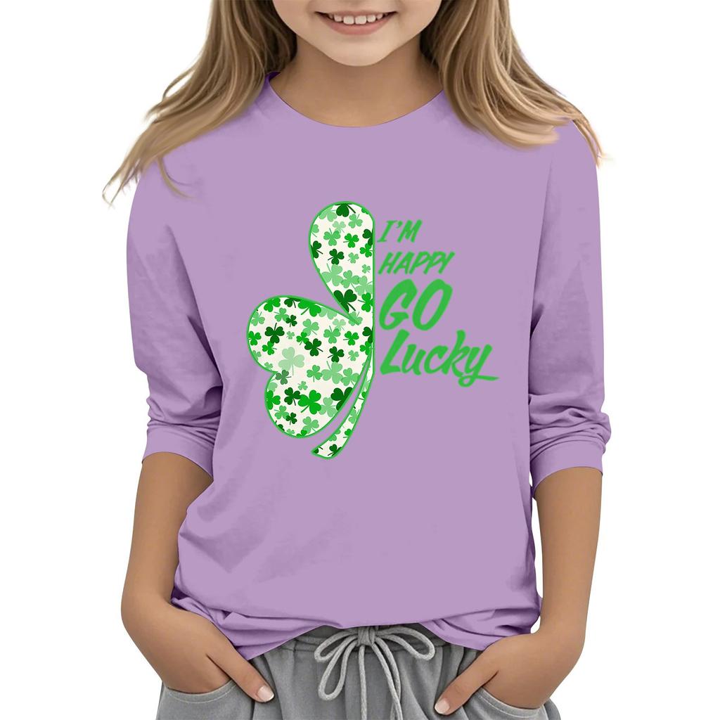Dziecięcy T-shirt Casual z Nadrukiem na Kołnierzyku na Dzień Świętego Patryka z Rękawem 7/8