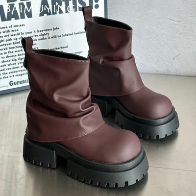 Platform Women Snow Ankle Boots Mid Heels Leather Shoes Chunky Fashion Motorcycle Boots 2024 Trend Winter Designer Botas Mujer
