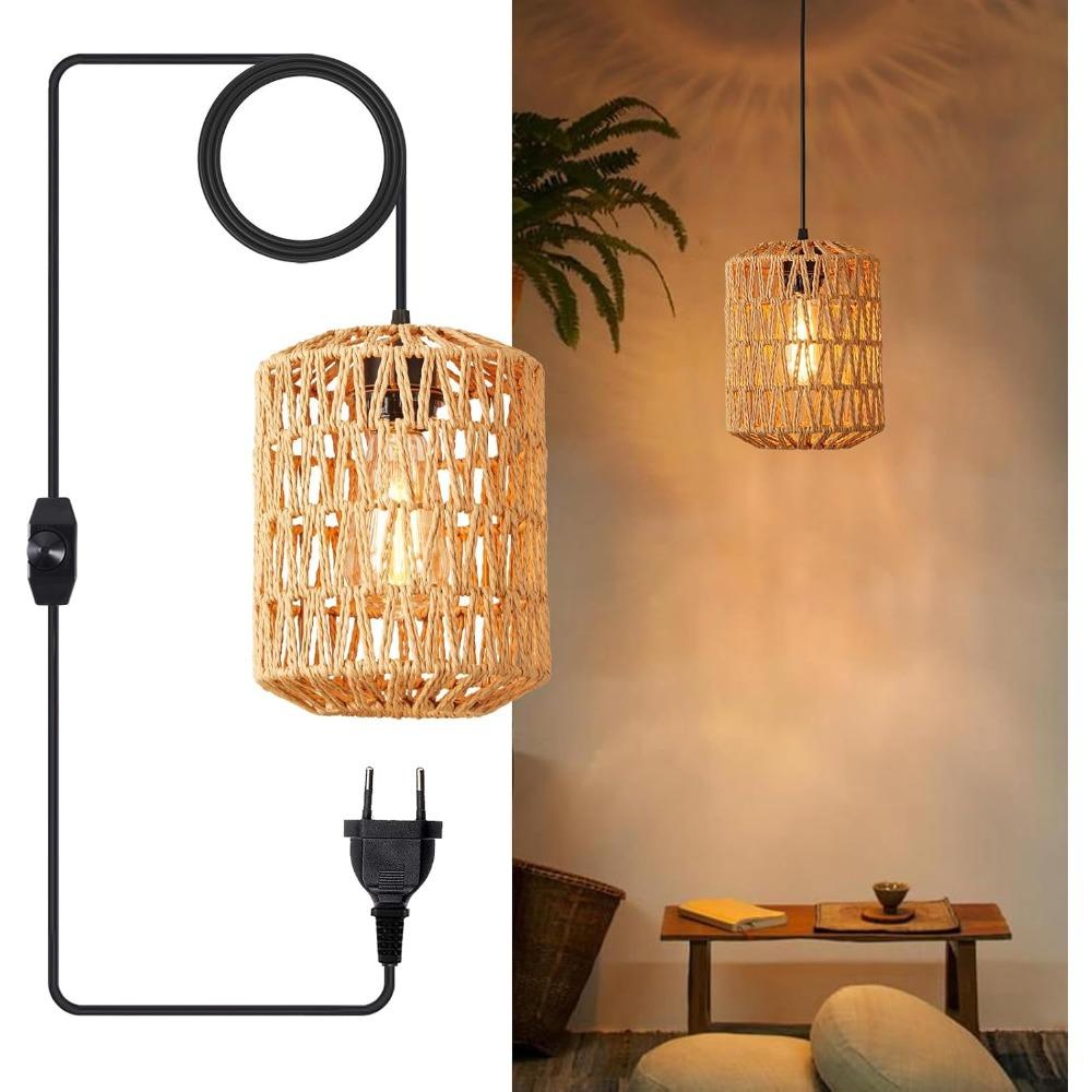 JOYINLED Plug In Pendant Lamp Rattan Hanging Lights with 4.5M Dimmable Cord Hand Woven Wicker Lampshade Hanging Lamp for Bedroom