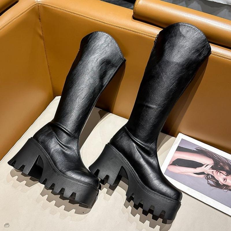 Autumn British Muffin Bottom Round Head Thick Heel Boots Women's Rear Zipper Thick Sole But Knee High Heel Fashion Boots