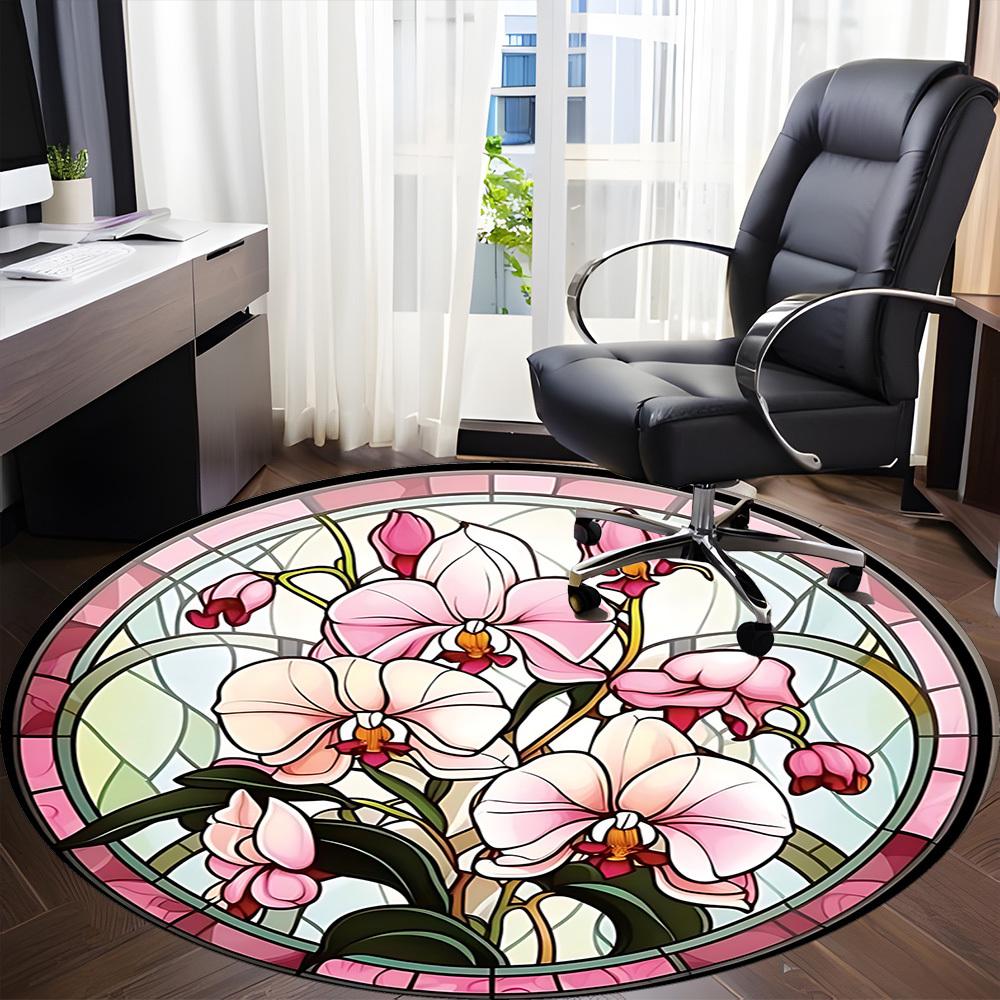 1pc Orchid Stained Glass Office Round Rug, Carpet for Office, Gaming, Lightweight Round Floor Mat yy260205018