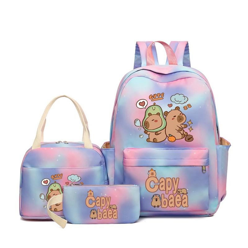 Capybara Cartoon Kids School Backpack Set With Pencil Case Lunch Bag - Large Capacity Breathable Waterproof Oxford Fabric