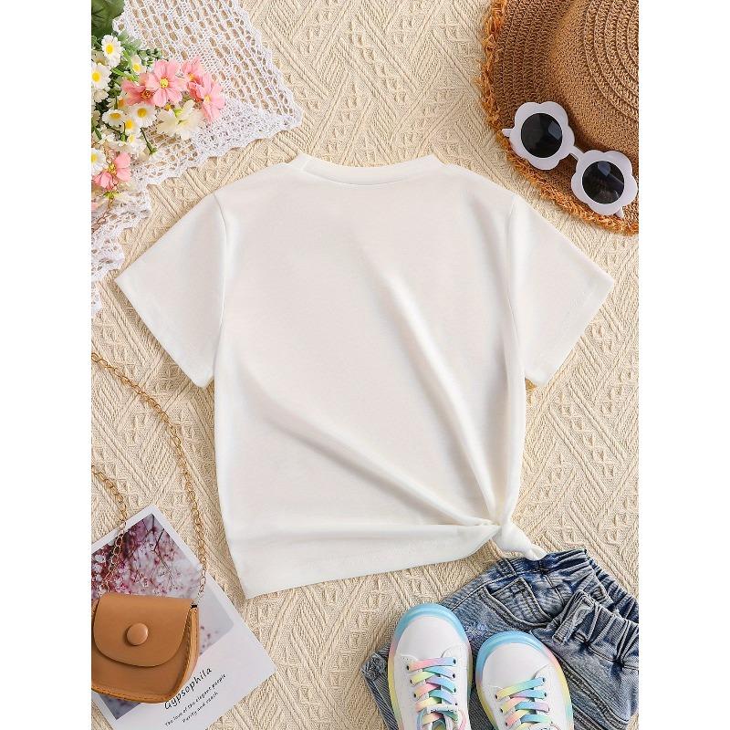 European Size Girls Round-neck Short-sleeved T-shirt with English Pattern Print for Dancing