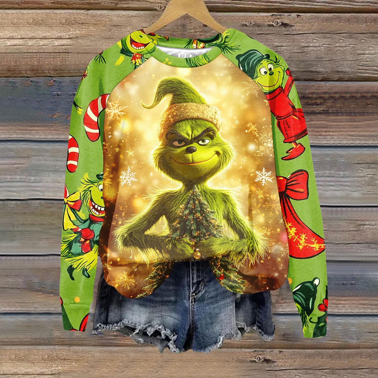 

Женская мода повседневная толстовка с длинным рукавом и принтом рождественского Гринчмаса с круглым вырезом и реглан XL