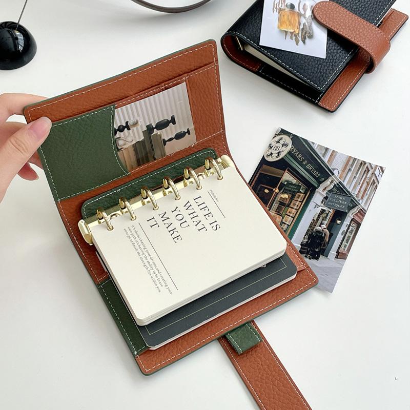 Vintage A7 Binder Notebook, Soft PU Leather Refillable Planner with Color-Blocking Design, Aesthetic Portable Journal