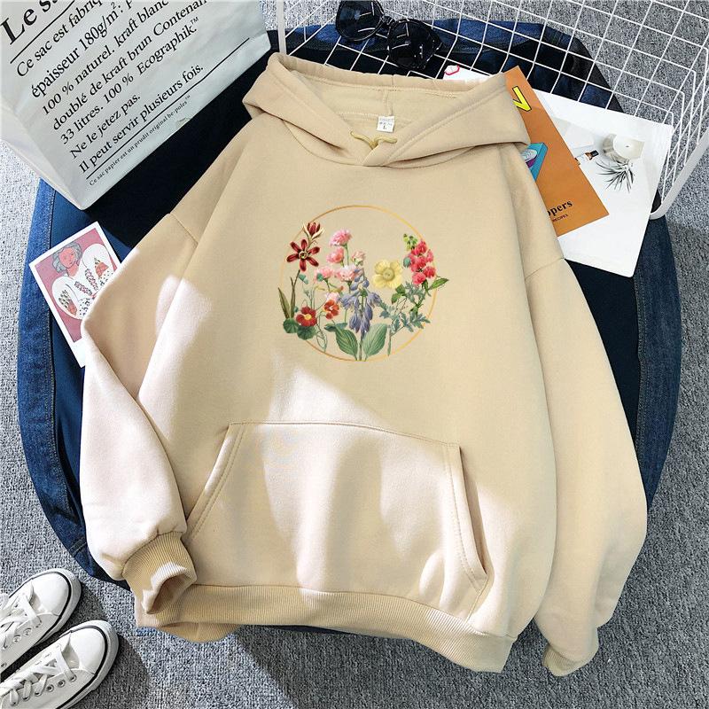 Autumn New Flower Print Sweatshirt for Women Oversize Loose Casual Velvet Hooded Hoodie Top for  Student