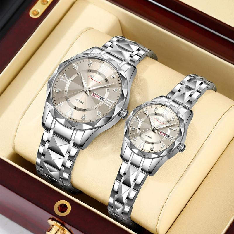 SKMEI Luxury Couple Watches Waterproof Luminous Date Week Watch for Female Male Quartz Stainless Steel Women Men Watch