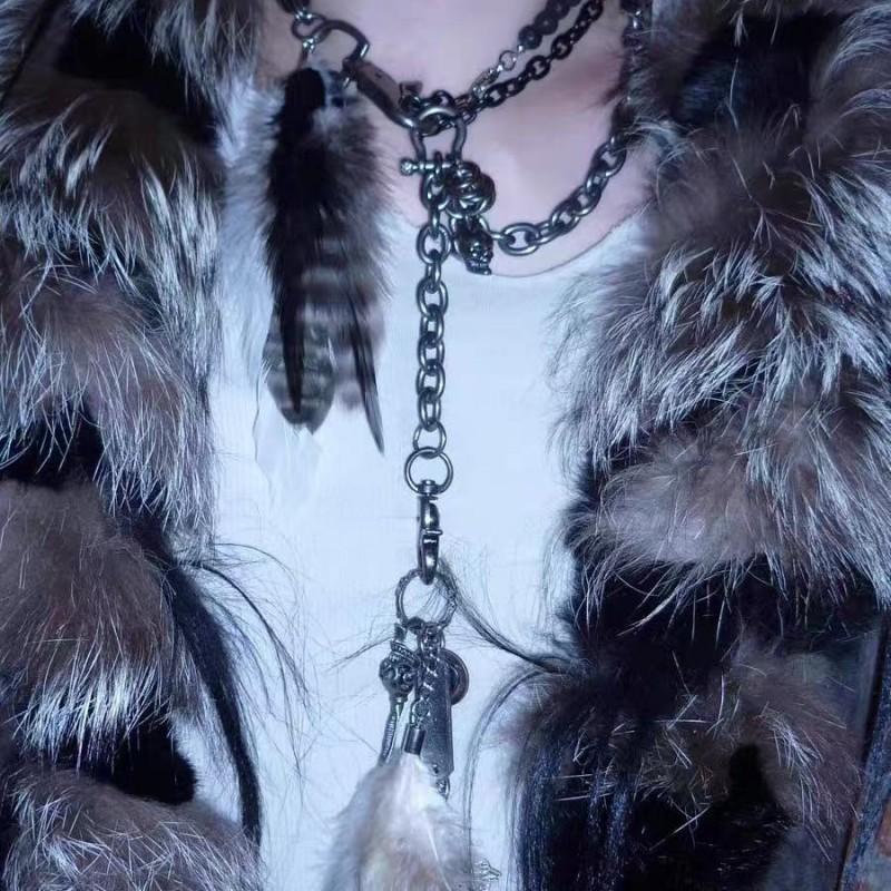 Handmade Feather Skull Cross Pendant Necklace Keychain Combo Boho Layered Chain Men Women Gothic Punk Style Feather Skull Cross Pendant