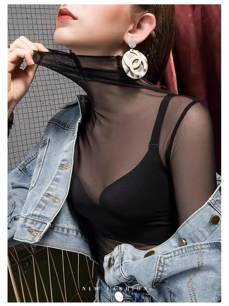 2023 Trendy Women's High Neck Black Mesh Lace Top - Stylish Korean Inner Layer