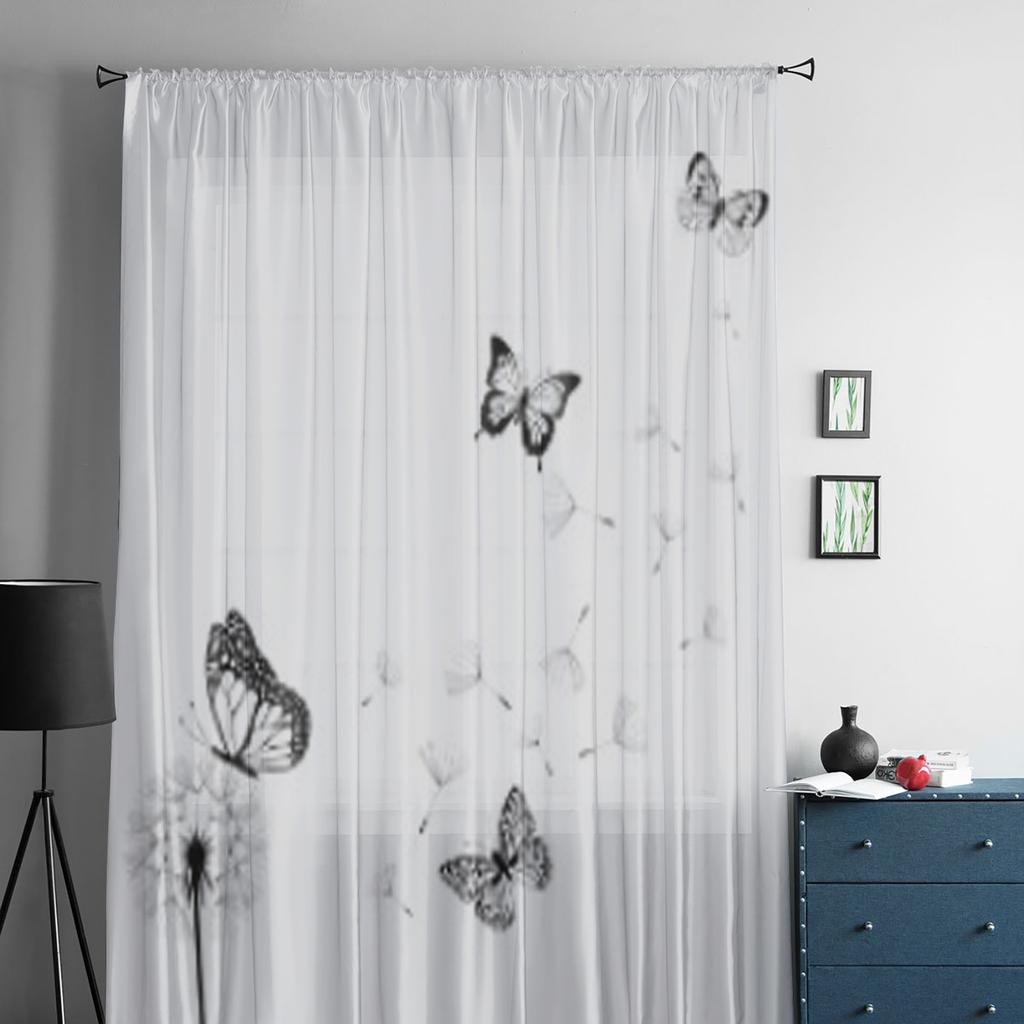 Dandelion Silhouette With Butterflies Sheer Curtains for Living Room Tulle Window Curtain Bedroom Kitchen Veil Drapes