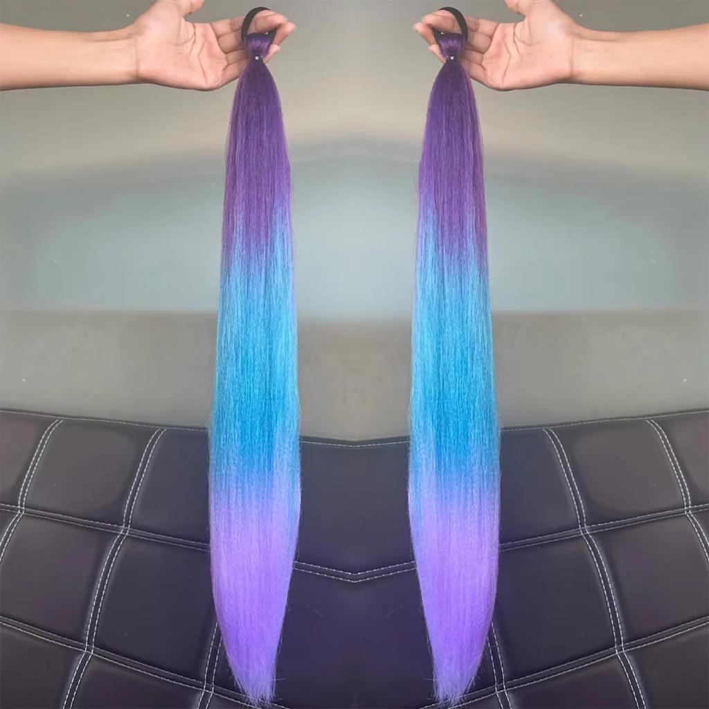 2Pcs Synthetic Purple Ponytail Extension Rubber Band Long Straight Ponytail Women Hair Accessories for Halloween