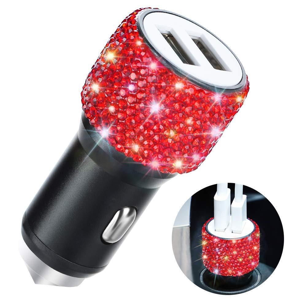 Diamond-mounted Dual USB Car Charger Multifunction Safety Hammer Fast Charging with Bling Rhinestones Aluminum Alloy Car Charger
