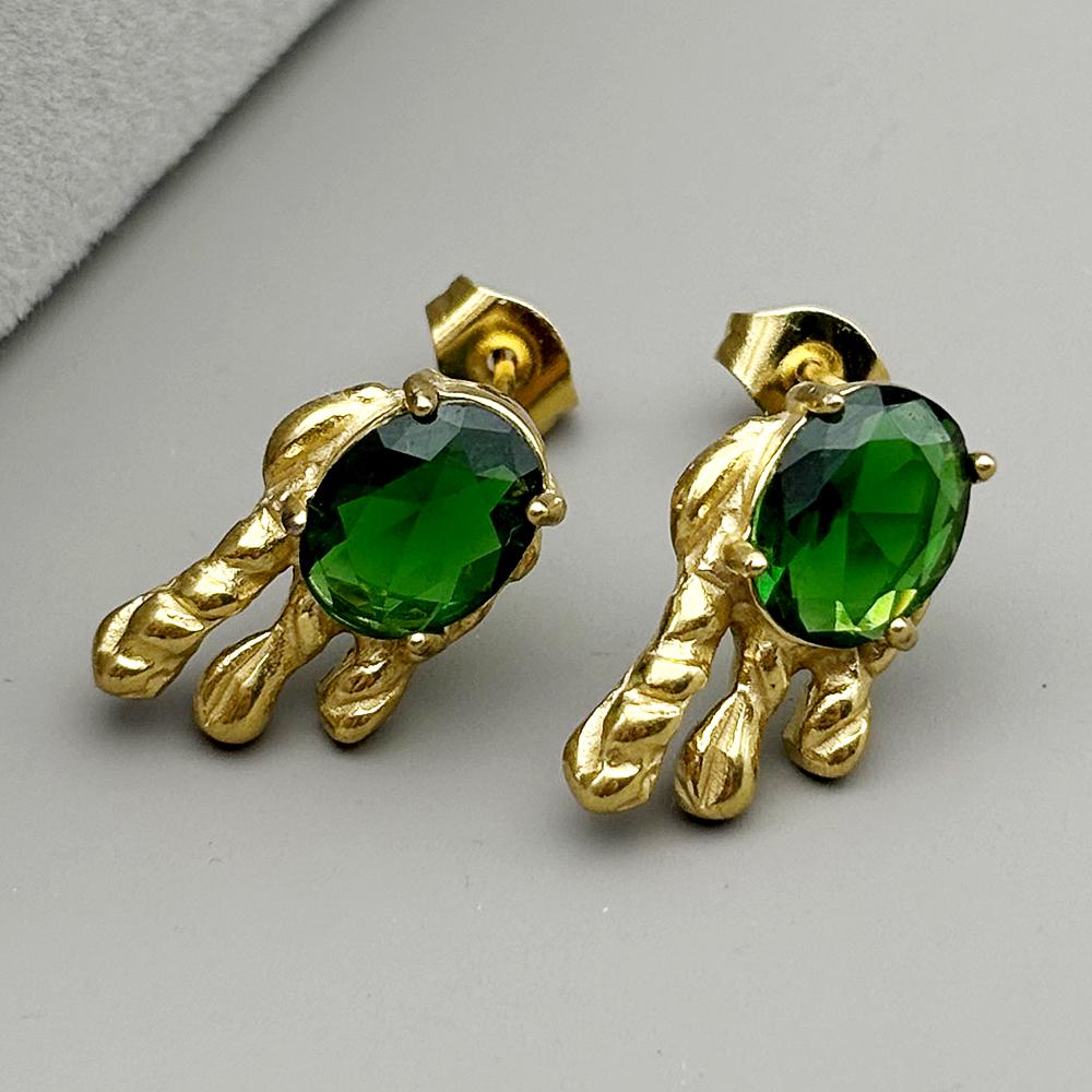 Retro Gold Color Stainless Steel Green Glass Geometric Stud Earrings for Women Men Irregular Earrings Statement Jewelry Gift