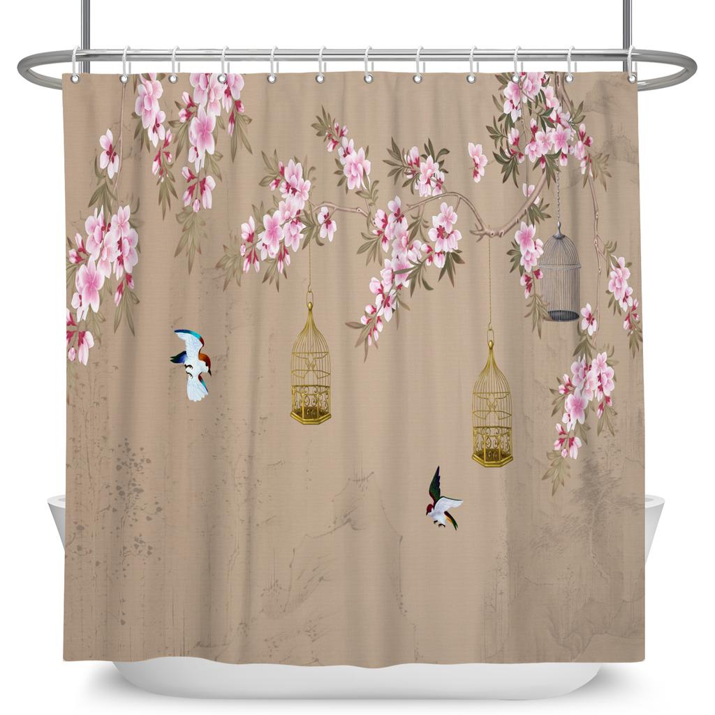 Vintage Bird Flower Shower Curtain with Hooks Artistic Peacock Floral Design Chinese Style Waterproof Polyester Bathroom Curtain