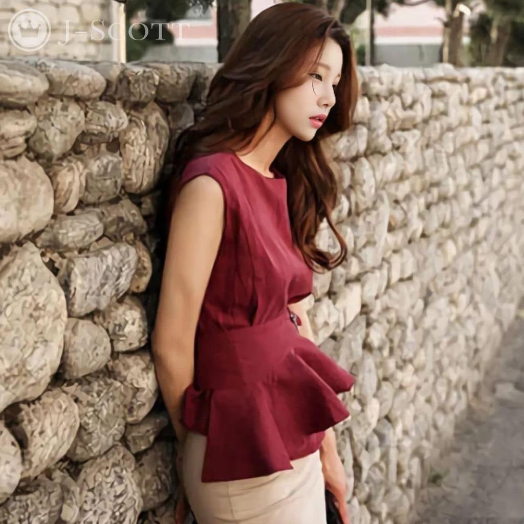 Sleeveless Peplum Round Waist Ruffled Solid Red [J-Scott] Women's Blouse, Neck, Belt, Hem, JS151-RD-M